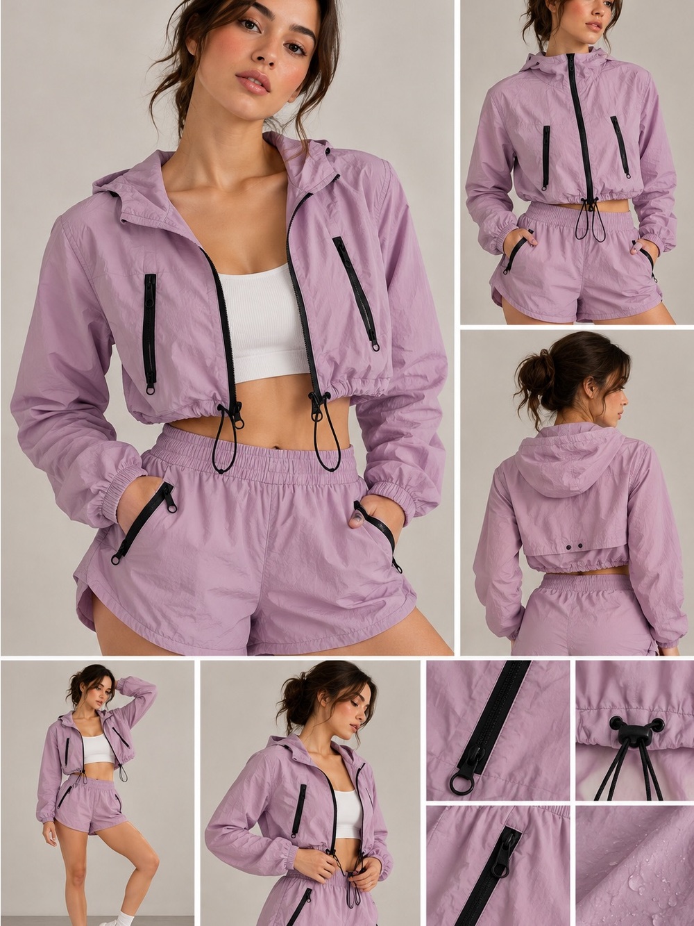 Light Purple Hooded  Windbreaker Jacket and Shorts Set - Women